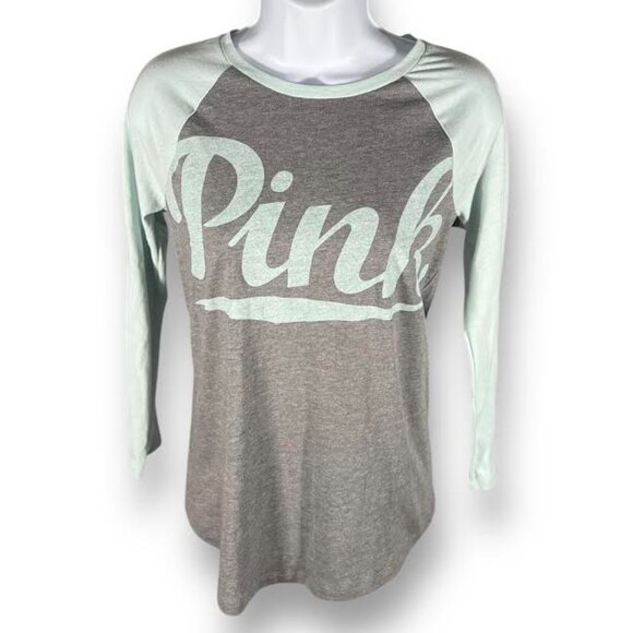 Victoria's Secret PINK T-Shirt Women's XS Mint Green/Gray Raglan Sleeve … - Picture 3 of 13